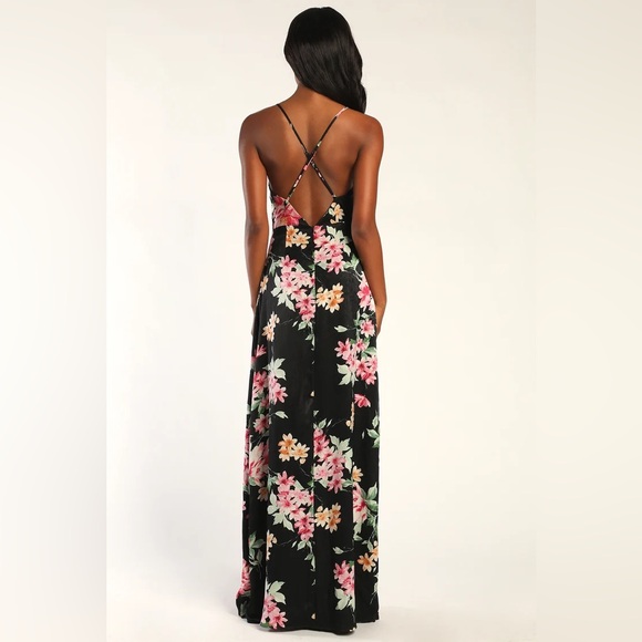 NWOT Love of Romance Black Floral Flowers Print Satin Cowl Neck Maxi Dress L - Picture 2 of 9